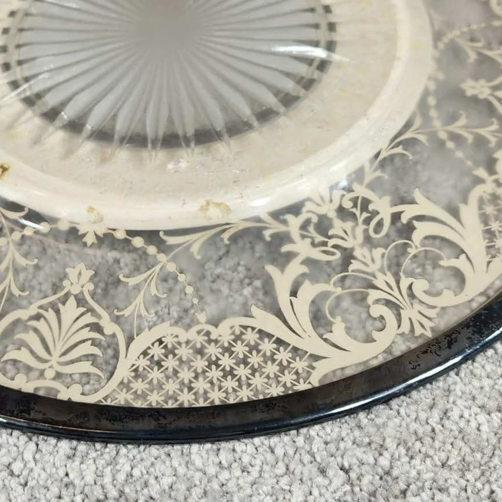 Vintage Silver Overlay‎ Glass Plate Clear Floral Scroll Etched Sunburst